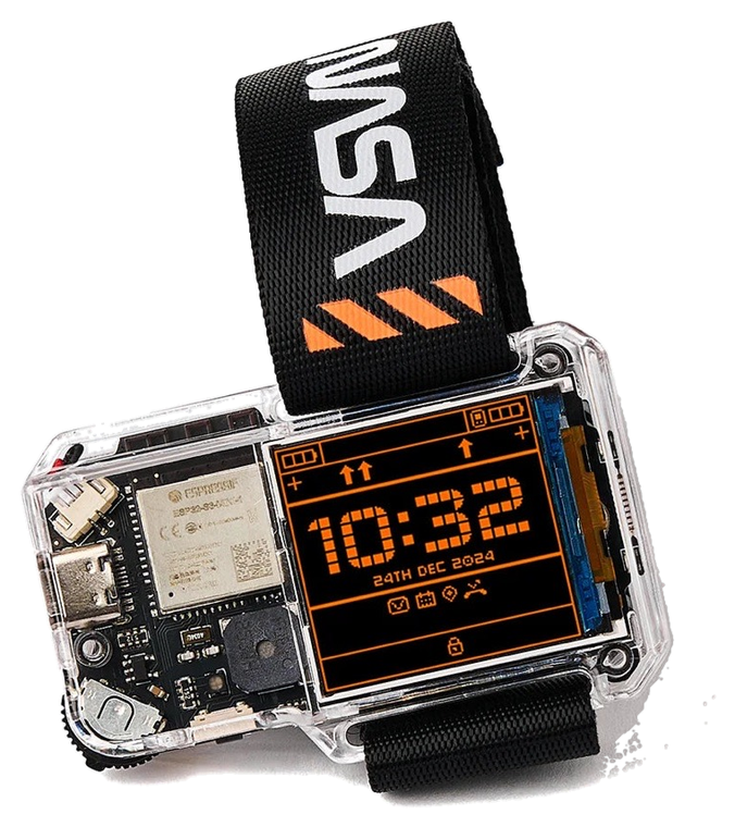 NASA Artemis Watch 2.0, a clear-cased programmable smartwatch on a black NASA-branded strap.