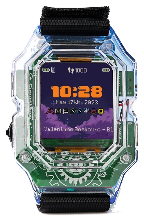 Clockstar 2.0, a buildable smartwatch with a clear case showing the circuit board inside.