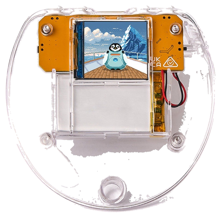 Codee 2.0, a buildable virtual pet device with an orange frame and a screen showing a cartoon character.