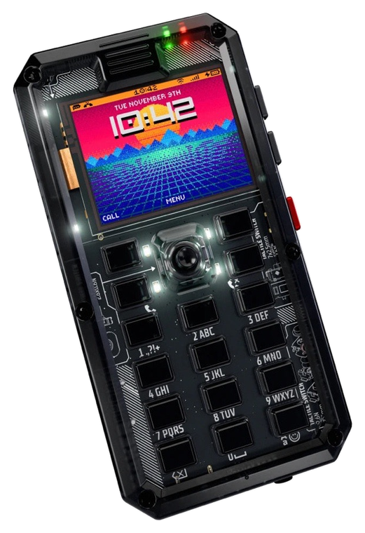 MAKERphone 2.0, a buildable mobile phone with a transparent case, keypad and colour screen.