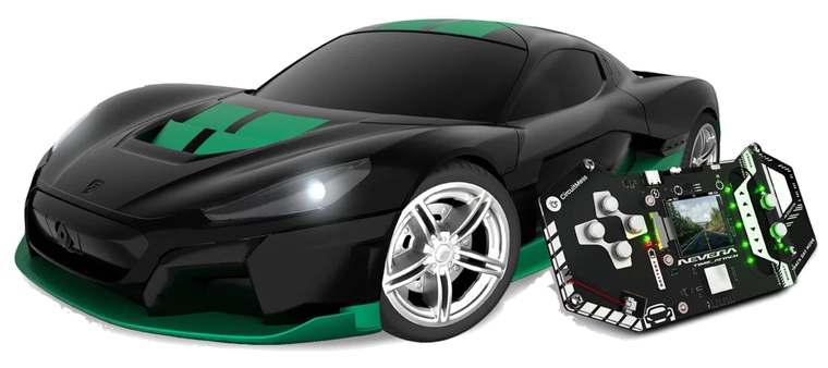 A buildable scale model of the Rimac Nevera electric hypercar in black and green, next to its circuit board.