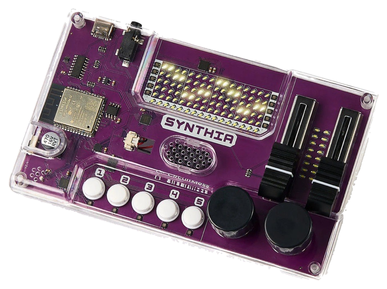 Synthia 2.0, a buildable synthesiser and drum machine with a purple circuit board and knobs.