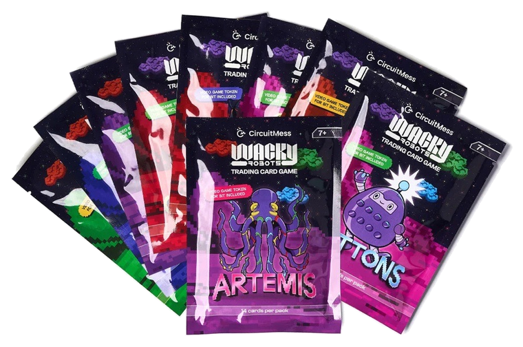 A fanned-out set of Wacky Robots trading card packs in colourful foil packaging.